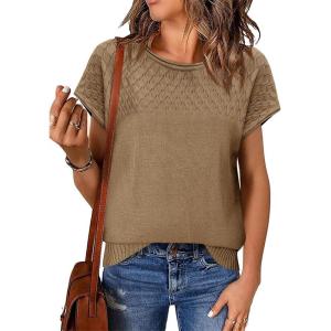 imageImily Bela Womens Short Sleeve Sweaters Casual Crewneck Crochet Knit Summer Loose Trendy Pullover TopsKhaki