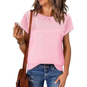 imageImily Bela Womens Short Sleeve Sweaters Casual Crewneck Crochet Knit Summer Loose Trendy Pullover TopsLight Pink