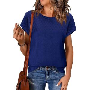 imageImily Bela Womens Short Sleeve Sweaters Casual Crewneck Crochet Knit Summer Loose Trendy Pullover TopsNavy