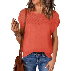 imageImily Bela Womens Short Sleeve Sweaters Casual Crewneck Crochet Knit Summer Loose Trendy Pullover TopsOrangered