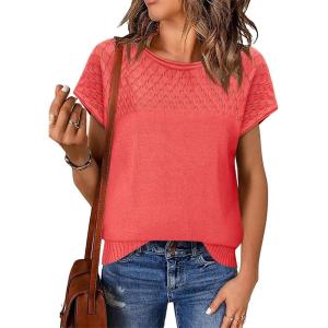 imageImily Bela Womens Short Sleeve Sweaters Casual Crewneck Crochet Knit Summer Loose Trendy Pullover TopsPink