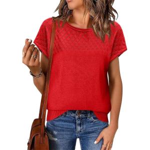 imageImily Bela Womens Short Sleeve Sweaters Casual Crewneck Crochet Knit Summer Loose Trendy Pullover TopsRed
