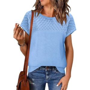 imageImily Bela Womens Short Sleeve Sweaters Casual Crewneck Crochet Knit Summer Loose Trendy Pullover TopsSky Blue