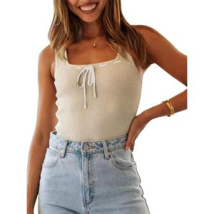 imageImily Bela Womens Square Neck Tank Top Sleeveless Ribbed Slim Fitted Casual Basic Crop TopApricot
