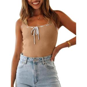 imageImily Bela Womens Square Neck Tank Top Sleeveless Ribbed Slim Fitted Casual Basic Crop TopKhaki