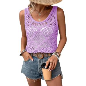 imageImily Bela Womens Summer Crochet Tank Tops Knit Sleeveless Scoop Neck Sweater Vest Boho Hollow Out Cover UpsPurple