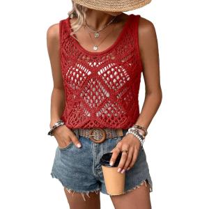 imageImily Bela Womens Summer Crochet Tank Tops Knit Sleeveless Scoop Neck Sweater Vest Boho Hollow Out Cover UpsRed