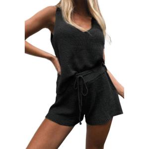 imageImily Bela Womens Summer Lounge Sets Knit 2 Piece Outfits Vacation Beach Tank Tops and Shorts Loungewear Pajama SetBlack
