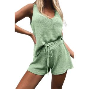 imageImily Bela Womens Summer Lounge Sets Knit 2 Piece Outfits Vacation Beach Tank Tops and Shorts Loungewear Pajama SetGreen