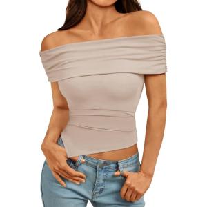 imageImily Bela Womens Summer Off The Shoulder Tops Casual Asymmetrical Slim Fit Y2K Going Out Cropped ShirtsApricot