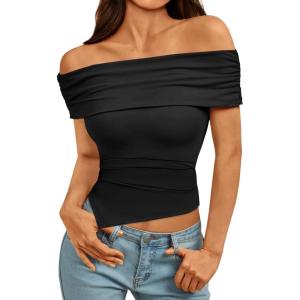 imageImily Bela Womens Summer Off The Shoulder Tops Casual Asymmetrical Slim Fit Y2K Going Out Cropped ShirtsBlack