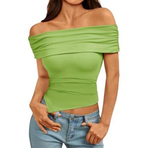 imageImily Bela Womens Summer Off The Shoulder Tops Casual Asymmetrical Slim Fit Y2K Going Out Cropped ShirtsGreen