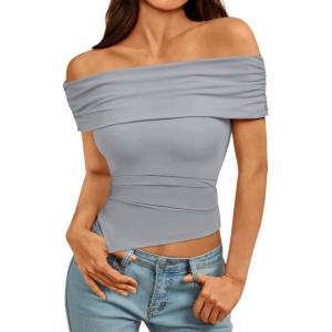 imageImily Bela Womens Summer Off The Shoulder Tops Casual Asymmetrical Slim Fit Y2K Going Out Cropped ShirtsLight Grey
