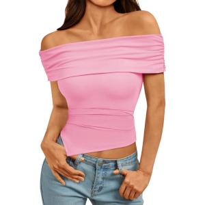 imageImily Bela Womens Summer Off The Shoulder Tops Casual Asymmetrical Slim Fit Y2K Going Out Cropped ShirtsPink