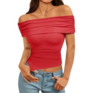 imageImily Bela Womens Summer Off The Shoulder Tops Casual Asymmetrical Slim Fit Y2K Going Out Cropped ShirtsRed