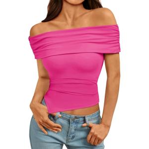 imageImily Bela Womens Summer Off The Shoulder Tops Casual Asymmetrical Slim Fit Y2K Going Out Cropped ShirtsRose Red