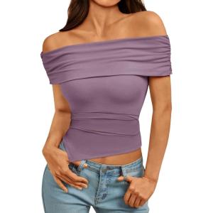 imageImily Bela Womens Summer Off The Shoulder Tops Casual Asymmetrical Slim Fit Y2K Going Out Cropped ShirtsViolet