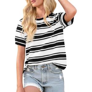 imageImily Bela Womens Summer Tops 2025 Striped Color Block Short Puff Sleeve T Shirt Casual Crewneck Loose Basic TeeBlack