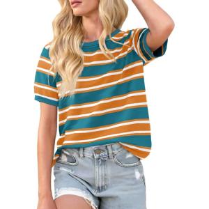imageImily Bela Womens Summer Tops 2025 Striped Color Block Short Puff Sleeve T Shirt Casual Crewneck Loose Basic TeeBlack Green