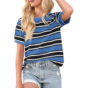 imageImily Bela Womens Summer Tops 2025 Striped Color Block Short Puff Sleeve T Shirt Casual Crewneck Loose Basic TeeBluish Gray
