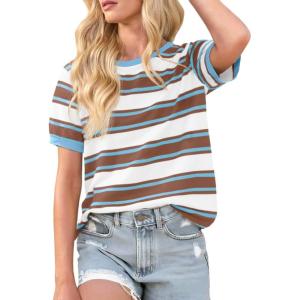 imageImily Bela Womens Summer Tops 2025 Striped Color Block Short Puff Sleeve T Shirt Casual Crewneck Loose Basic TeeBrick Red