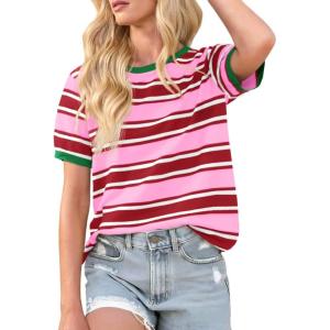imageImily Bela Womens Summer Tops 2025 Striped Color Block Short Puff Sleeve T Shirt Casual Crewneck Loose Basic TeeHot Pink
