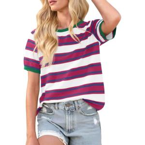 imageImily Bela Womens Summer Tops 2025 Striped Color Block Short Puff Sleeve T Shirt Casual Crewneck Loose Basic TeeRose Red