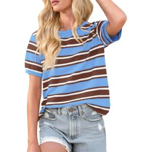 imageImily Bela Womens Summer Tops 2025 Striped Color Block Short Puff Sleeve T Shirt Casual Crewneck Loose Basic TeeSky Blue