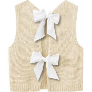 imageImily Bela Womens Sweater Vest Top Summer Bow Tie Back Sleeveless Casual Knit Crop Tank TopsApricot