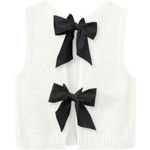 imageImily Bela Womens Sweater Vest Top Summer Bow Tie Back Sleeveless Casual Knit Crop Tank TopsBlack White
