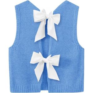 imageImily Bela Womens Sweater Vest Top Summer Bow Tie Back Sleeveless Casual Knit Crop Tank TopsBlue