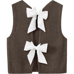imageImily Bela Womens Sweater Vest Top Summer Bow Tie Back Sleeveless Casual Knit Crop Tank TopsCoffee