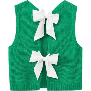 imageImily Bela Womens Sweater Vest Top Summer Bow Tie Back Sleeveless Casual Knit Crop Tank TopsGreen