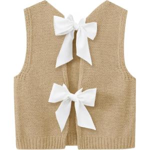imageImily Bela Womens Sweater Vest Top Summer Bow Tie Back Sleeveless Casual Knit Crop Tank TopsKhaki