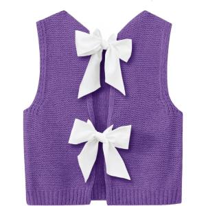 imageImily Bela Womens Sweater Vest Top Summer Bow Tie Back Sleeveless Casual Knit Crop Tank TopsPurple