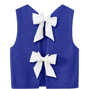 imageImily Bela Womens Sweater Vest Top Summer Bow Tie Back Sleeveless Casual Knit Crop Tank TopsRoyal Blue