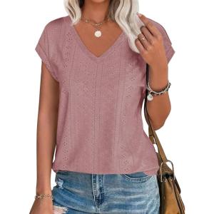 imageImily Bela Womens V Neck TShirt Summer Cap Sleeve Dressy Casual Tops Eyelet Embroidered Fashion TeesBean Paste Red