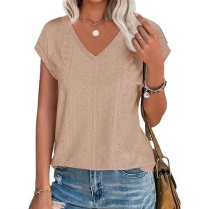 imageImily Bela Womens V Neck TShirt Summer Cap Sleeve Dressy Casual Tops Eyelet Embroidered Fashion TeesBeige