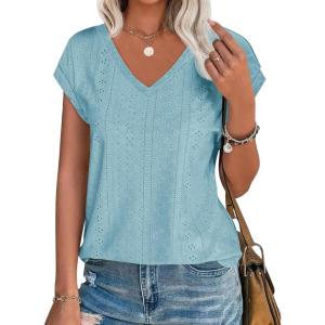 imageImily Bela Womens V Neck TShirt Summer Cap Sleeve Dressy Casual Tops Eyelet Embroidered Fashion TeesBlue