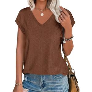 imageImily Bela Womens V Neck TShirt Summer Cap Sleeve Dressy Casual Tops Eyelet Embroidered Fashion TeesBrown