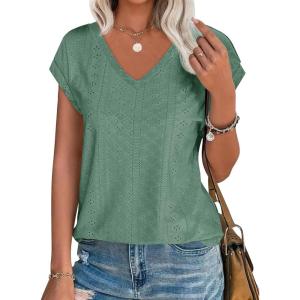 imageImily Bela Womens V Neck TShirt Summer Cap Sleeve Dressy Casual Tops Eyelet Embroidered Fashion TeesGreen