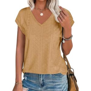 imageImily Bela Womens V Neck TShirt Summer Cap Sleeve Dressy Casual Tops Eyelet Embroidered Fashion TeesKhaki