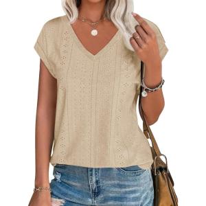 imageImily Bela Womens V Neck TShirt Summer Cap Sleeve Dressy Casual Tops Eyelet Embroidered Fashion TeesLight Beige