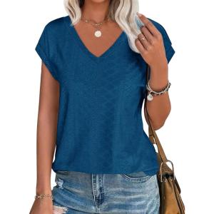 imageImily Bela Womens V Neck TShirt Summer Cap Sleeve Dressy Casual Tops Eyelet Embroidered Fashion TeesNavy