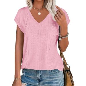 imageImily Bela Womens V Neck TShirt Summer Cap Sleeve Dressy Casual Tops Eyelet Embroidered Fashion TeesPink