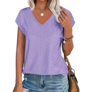 imageImily Bela Womens V Neck TShirt Summer Cap Sleeve Dressy Casual Tops Eyelet Embroidered Fashion TeesPurple