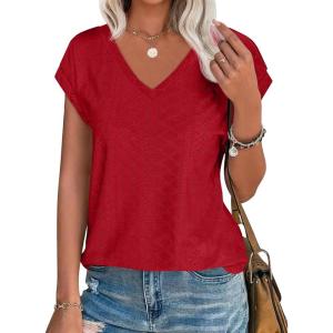 imageImily Bela Womens V Neck TShirt Summer Cap Sleeve Dressy Casual Tops Eyelet Embroidered Fashion TeesRed