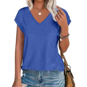 imageImily Bela Womens V Neck TShirt Summer Cap Sleeve Dressy Casual Tops Eyelet Embroidered Fashion TeesRoyal
