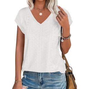 imageImily Bela Womens V Neck TShirt Summer Cap Sleeve Dressy Casual Tops Eyelet Embroidered Fashion TeesWhite
