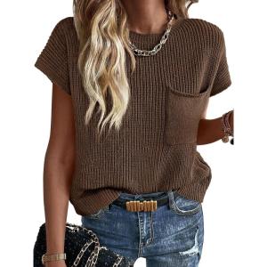 imageImily Bela Summer Fall Short Sleeve Sweater for Women 2025 Crew Neck Ribbed Knit Vests Trendy Pullover TopsCoffee